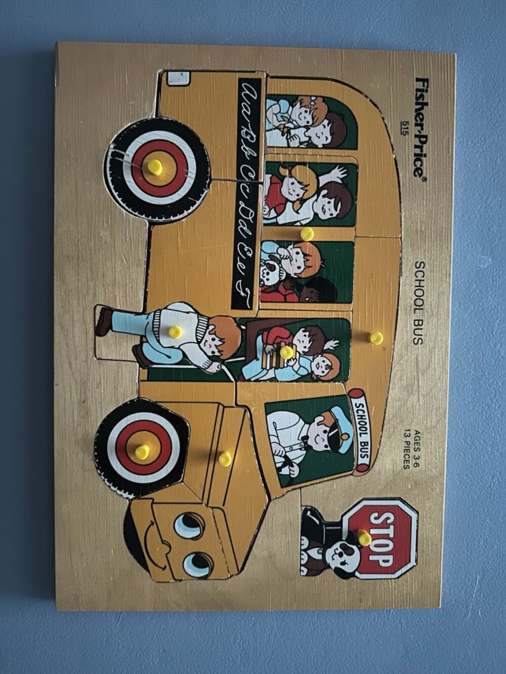 Vintage Fisher-Price #515 School Bus Wooden Peg Puzzle 13 Piece